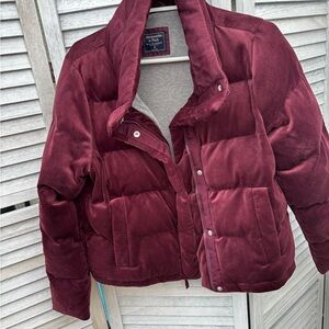 Abercrombie & Fitch Burgundy Velvet Quilted Puffer Jacket